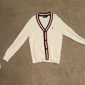 Nautica White Cardigan Sweater with Red and Blue Trim